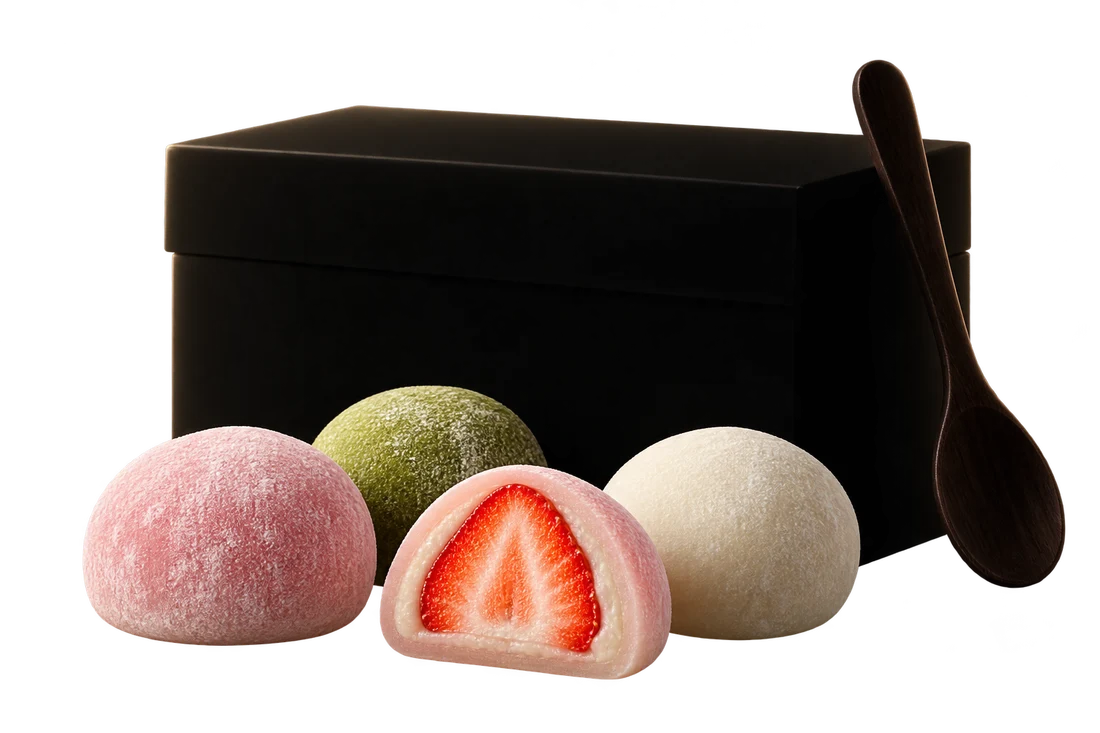 Silueta oscurecida de una caja y una cuchara del kit, con mochis de fresa, crema y matcha alrededor