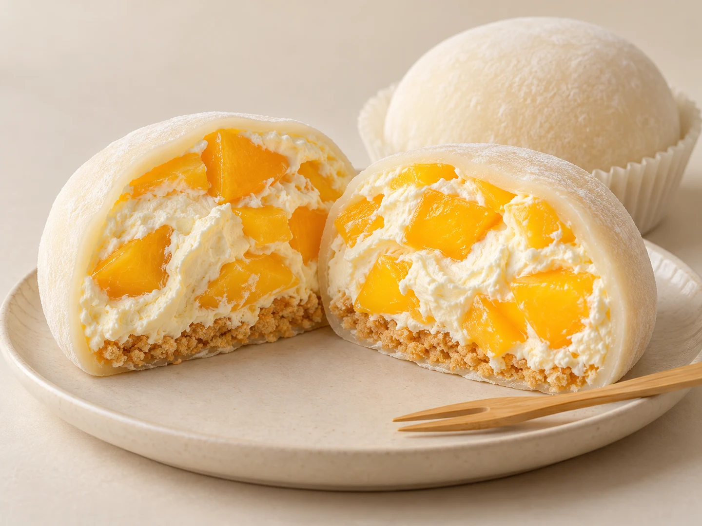 Mega Mochis de mango terminados, con el interior cremoso visible al corte