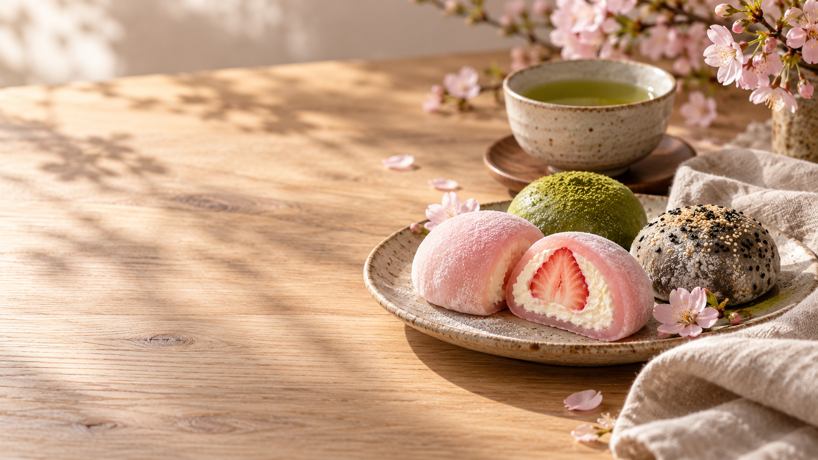 Mochi de fresa cortado junto a un mochi de matcha